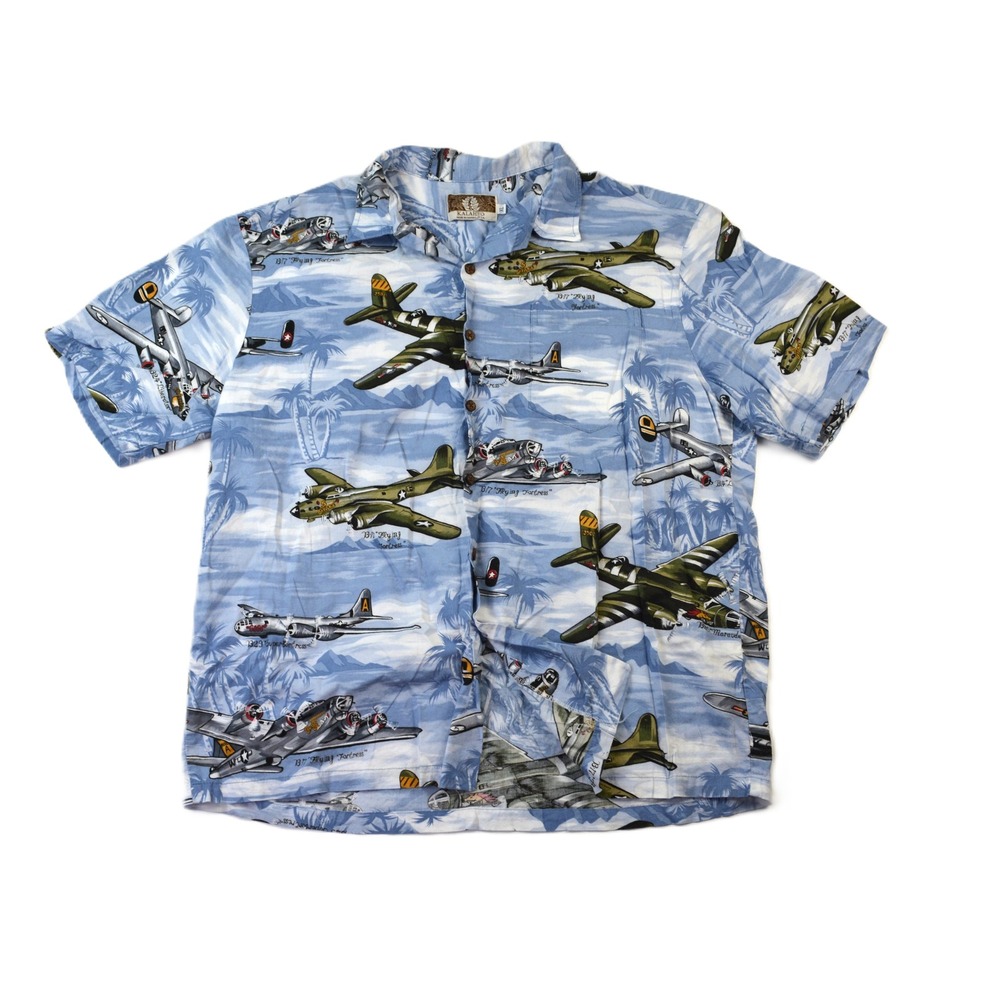 Kalaheo Mens XL Hawaiian Shirt WWII Military Airplanes B-17 Flying Fortress USA